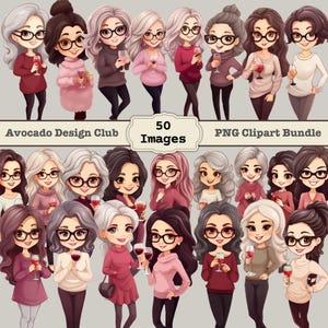 May include: A set of 50 digital illustrations of cartoon women with gray hair, wearing glasses and holding wine glasses. The women are wearing various outfits, including sweaters, dresses, and blouses. The illustrations are in a cartoon style and are perfect for use in digital projects.