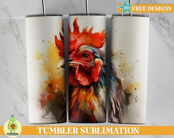 Bright Rooster Tumbler Wrap, Farm Tumbler Design, Water Color Rooster 20 oz Skinny Tumbler Sublimation, Rooster Straight Tumbler Design