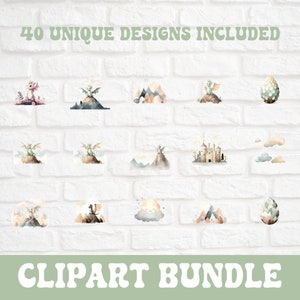 K&ouml;nnte beinhalten: Ein Set mit 40 Aquarell-Clipart-Illustrationen mit einem gr&uuml;nen Drachen, einem Schloss, Wolken, Bergen und Eiern. Die Illustrationen sind perfekt zum Erstellen von Einladungen, Karten und anderen Bastelarbeiten.