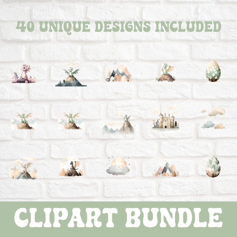 K&ouml;nnte beinhalten: Ein Set mit 40 Aquarell-Clipart-Illustrationen mit einem gr&uuml;nen Drachen, einem Schloss, Wolken, Bergen und Eiern. Die Illustrationen sind perfekt zum Erstellen von Einladungen, Karten und anderen Bastelarbeiten.