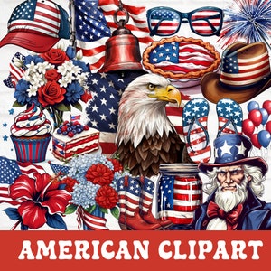 Pacchetto clipart USA, clipart del 4 luglio, clipart del giorno dell'indipendenza, clipart del Memorial Day, sublimazione americana, sublimazione della bandiera USA, png USA