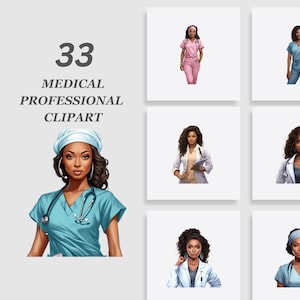Pacchetto di clipart professionali mediche, clipart medico nero, clipart infermiera nera, clipart medico afroamericano, clipart operatore sanitario