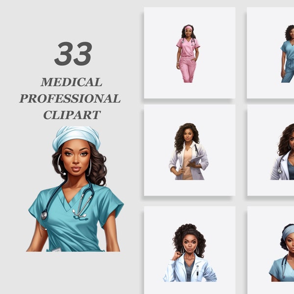 Medical Professional Clipart Bundle, Black Doctor clipart, Black Nurse Clipart, African American Doctor clipart, Healthcare worker clipart