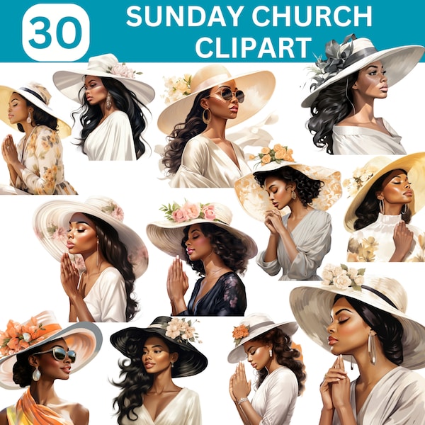 Church Hat Clipart Bundle, Sunday Church Clipart, Praying sister clipart, black Woman Clipart, African American Clipart, Women of Color