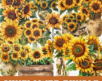 Paquete de imágenes prediseñadas de girasoles, imágenes prediseñadas de girasoles en acuarela, imágenes prediseñadas PNG de girasoles, ramo de imágenes prediseñadas florales, corona de girasoles por sublimación