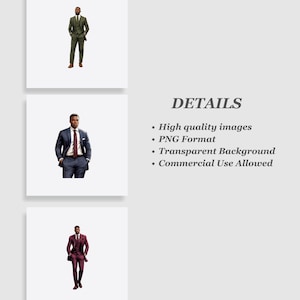 May include: Three digital illustrations of men wearing different suits. The first man is wearing a green suit with a white shirt and a patterned tie. The second man is wearing a blue suit with a white shirt and a red tie. The third man is wearing a burgundy suit with a white shirt and a red tie.