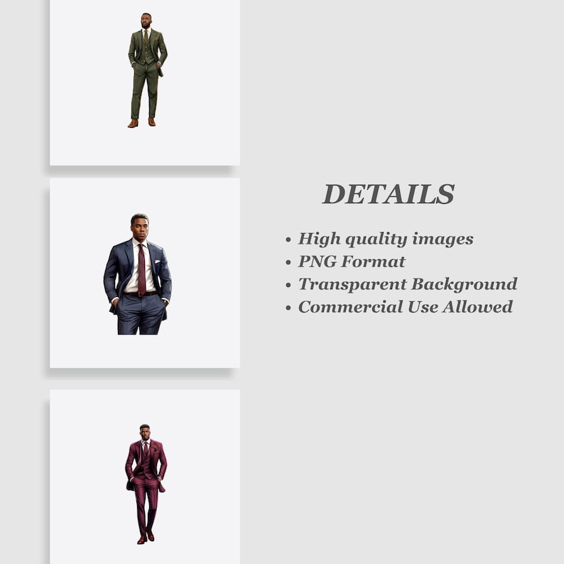 May include: Three digital illustrations of men wearing different suits. The first man is wearing a green suit with a white shirt and a patterned tie. The second man is wearing a blue suit with a white shirt and a red tie. The third man is wearing a burgundy suit with a white shirt and a red tie.