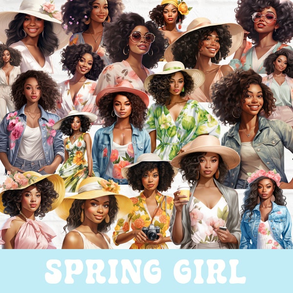 Spring Girl Clipart Bundle, Spring Fashion, Black Girl Fashion, Black Girl Clipart, Black Woman Clipart, Black girl magic, Floral Fashion