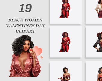 African American Woman Valentines Day Clipart Bundle, Black Woman Romantic Clipart, Valentines Day Clipart, Fashion Clipart, Date Night