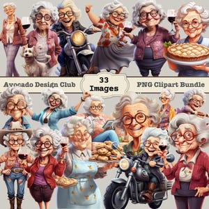 Funny Old Lady Clipart Bundle, Cute Grandma PNG, Drunk grandmother, Cheerful Grandma, Cute Cartoon Old Woman, Granny Clipart, Granny Yoga