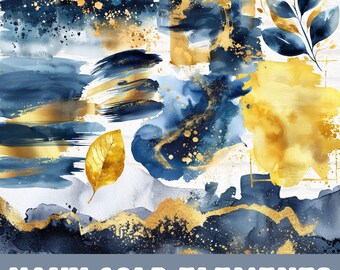 Navy Gold Watercolor Elements, Brush Strokes, Gold Frame With Navy Blue Watercolor, Watercolor Element, Watercolor Splash, Navy Gold Clipart