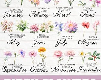 Birth Month Flower Clipart, Watercolor Floral Clipart, Birth Month Flower PNG, Birth Flower SVG, Birth Flower Bundle, Digital Download