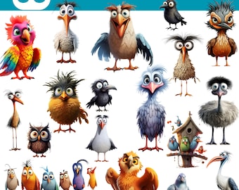 Imágenes prediseñadas de pájaros lindos, paquete de imágenes prediseñadas de pájaros divertidos, imágenes prediseñadas de pájaros tontos, PNG de pájaros peculiares, ilustraciones de pájaros divertidos, descarga digital