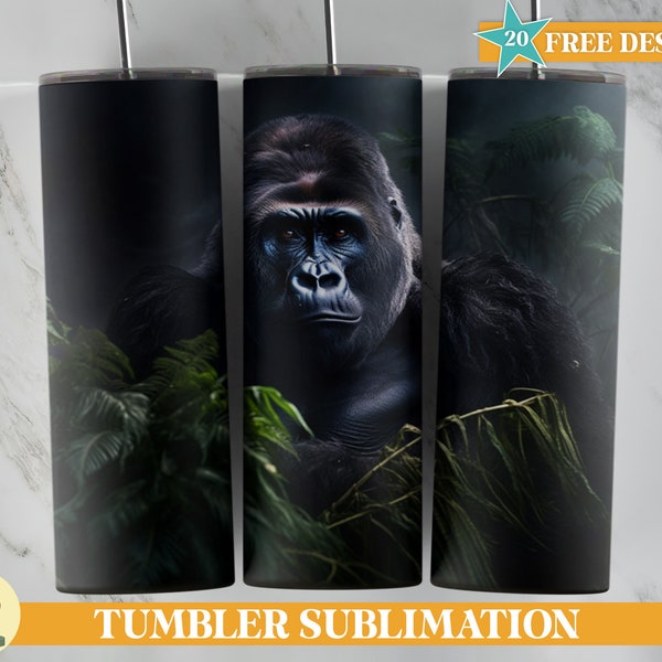 Gorilla Tumbler Wrap, Jungle Animal Tumbler Wrap, Jungle Tumbler Wrap, Kong Tumbler Design, 20 oz Skinny Tumbler Sublimation Design