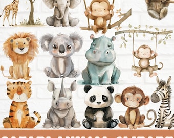 Cute Safari Animal Clipart Bundle, Nursery Wall Art, Boho Animal Clipart Bundle, Baby Nursery PNG, Baby Shower Clipart, Baby Animal PNGs