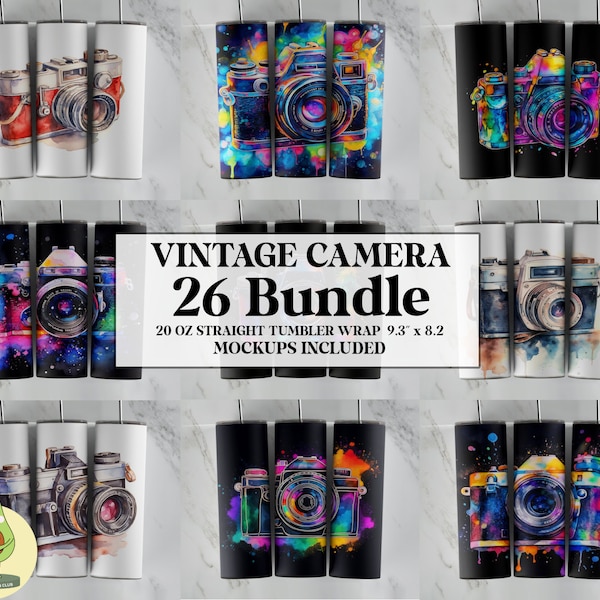 26 Vintage Camera Tumbler Design Bundle, Photography Sublimation Bundle, 20 oz Skinny Tumbler Sublimation Design, Camera Tumbler Wrap PNG