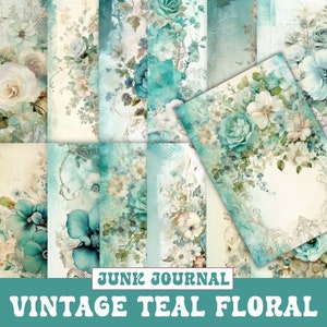 Junk Journal Seiten Vintage Floral, Teal Junk Journal Seiten, Vintage Junk Journal Digitales Papier, Ephemera Seiten, Mixed Media Junk Journal Kit