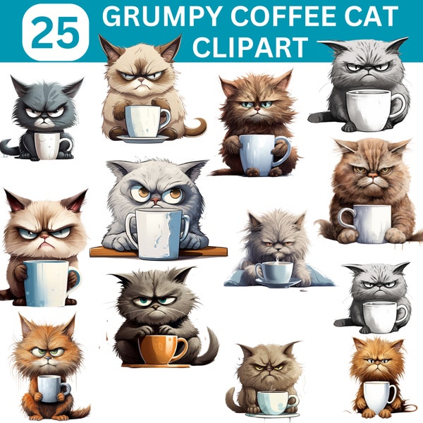 Grumpy Coffee Cat Clipart Bundle, Morning Cat Clipart, Grumpy Cat Clipart, Transparent PNGs, Cat with Coffee Clipart, Cat drinking Coffee