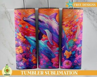 Sea Dolphin Neon 20 oz Diseño de sublimación de vaso flaco, envoltura de vaso de delfín arco iris, descarga digital, envoltura de vaso recto oceánico PNG