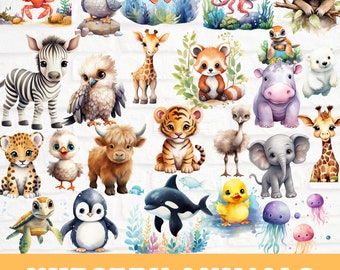 Cute Safari Animal Clipart Bundle, Nursery Wall Art, Boho Animal Clipart Bundle, Baby Nursery PNG, Baby Shower Clipart, Baby Animal PNGs
