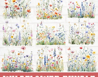 Imágenes prediseñadas de flores silvestres, imágenes prediseñadas de ramo de flores, ilustración de flores silvestres de acuarela, marco de borde de flores silvestres, imágenes prediseñadas de racimo de flores silvestres florales