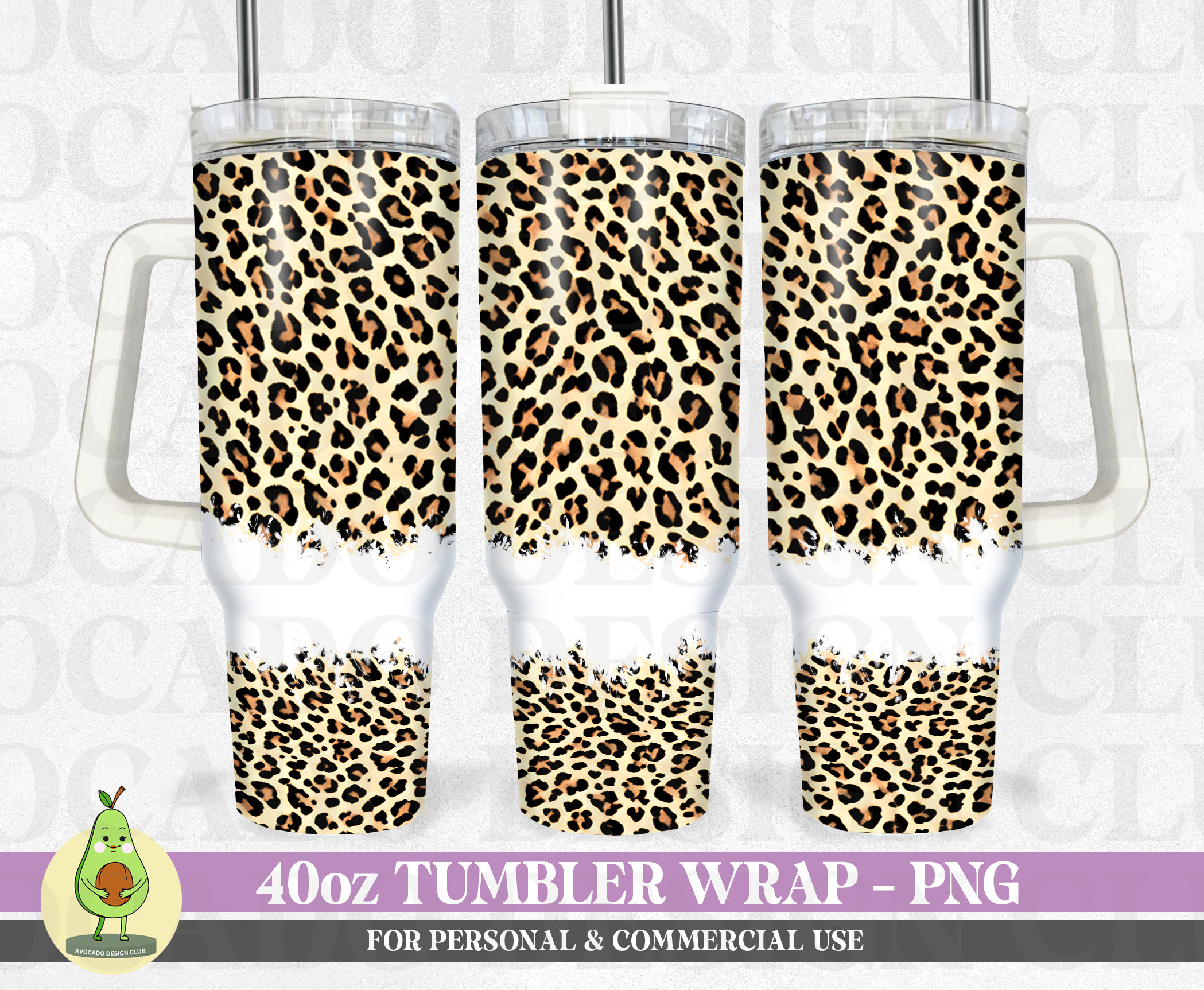 40oz tumbler w/ handle Fuzzy Leopard Wrap - 4 variations - SVG