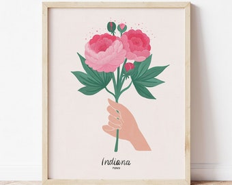 Indiana State Flower | Peony Wall Art| Indiana Art | Indiana Poster | State flowers | Peony Painting