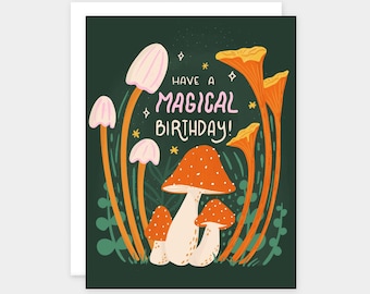 Tarjeta de cumpleaños con setas mágicas: ¡Que tengas una celebración mágica! Tarjeta de felicitación con temática de hongos del bosque, estilo cottagecore. Regalo para amantes de la naturaleza.