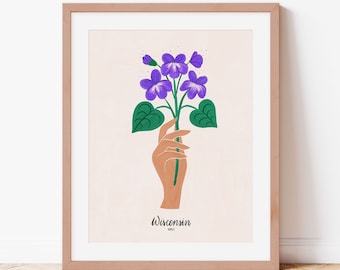 Stampa artistica della violetta, fiore simbolo dello stato del Wisconsin - Decorazione murale floreale illustrata
