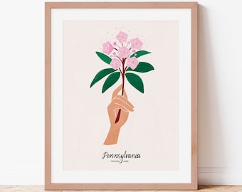 Impressão da Flor Estadual da Pensilvânia: Louro-da-montanha, Arte de Parede, Ilustração Botânica, Decoração da Pensilvânia