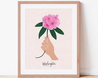 Washington State Flower Print: Pacific Rhododendron Wall Art, Botanical PNW Illustration, Housewarming Gift