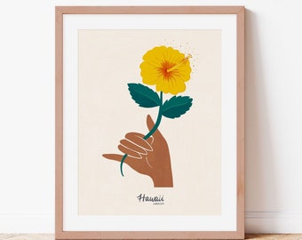 Hawaii Hibiscus Art Print | Shaka Sign, State Flower Poster