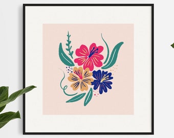 Arte de pared hawaiano con flores de hibisco rosa / Arte de pared colorido con flores tropicales / Decoración de hibisco para casa de vacaciones