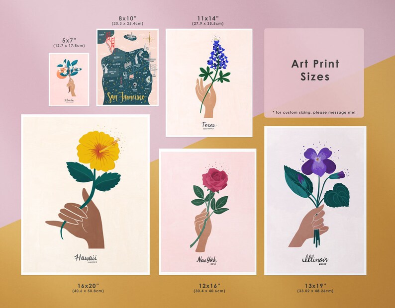 May include: A set of art prints featuring different flowers and states. The prints are available in various sizes, including 5x7 inches, 8x10 inches, 11x14 inches, 12x16 inches, 13x19 inches, and 16x20 inches. The prints feature a hand holding a flower, with the state name and flower type listed below. The text "Art Print Sizes" is displayed at the top of the image, with the note "*for custom sizing, please message me!" below.