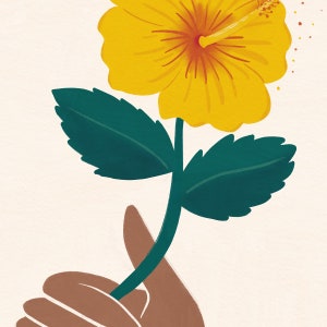 May include: A hand holding a yellow hibiscus flower with green leaves. The flower has a red center and is blooming.