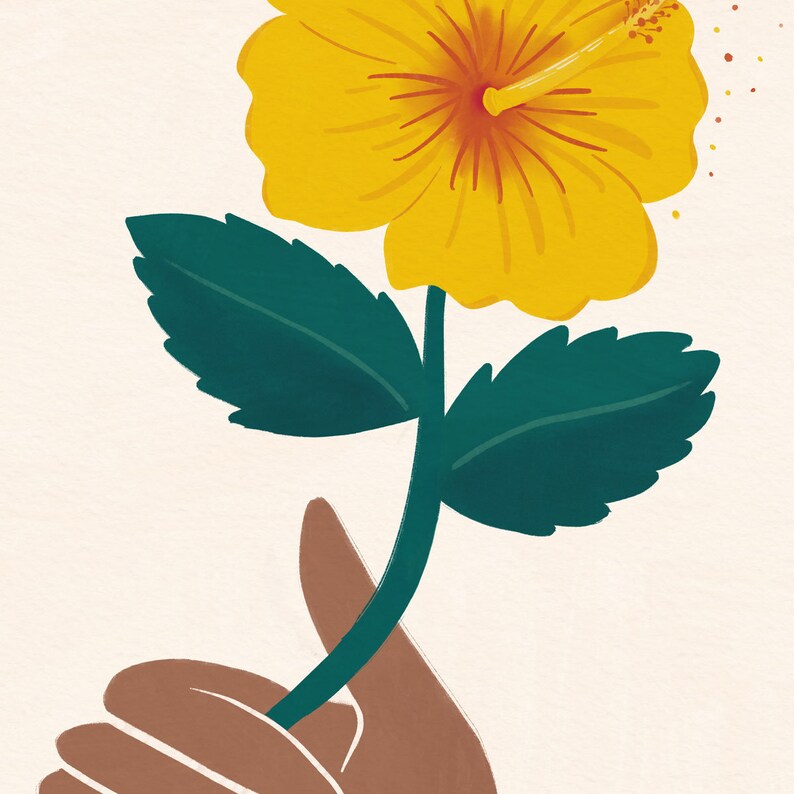 May include: A hand holding a yellow hibiscus flower with green leaves. The flower has a red center and is blooming.
