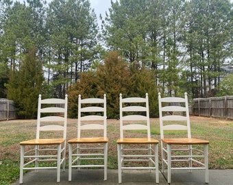 Four Primitive Style White-Painted and Beech Ladderback Side Chairs