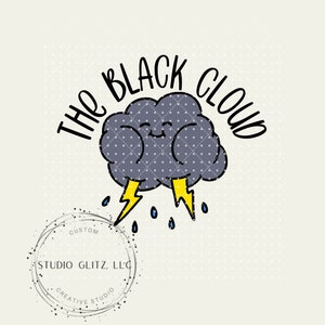 May include: A black cloud with a smiling face and lightning bolts, raining blue raindrops. The text "The Black Cloud" is written around the cloud. A circular stamp with the text "Custom Creative Studio, LLC" is below the cloud.