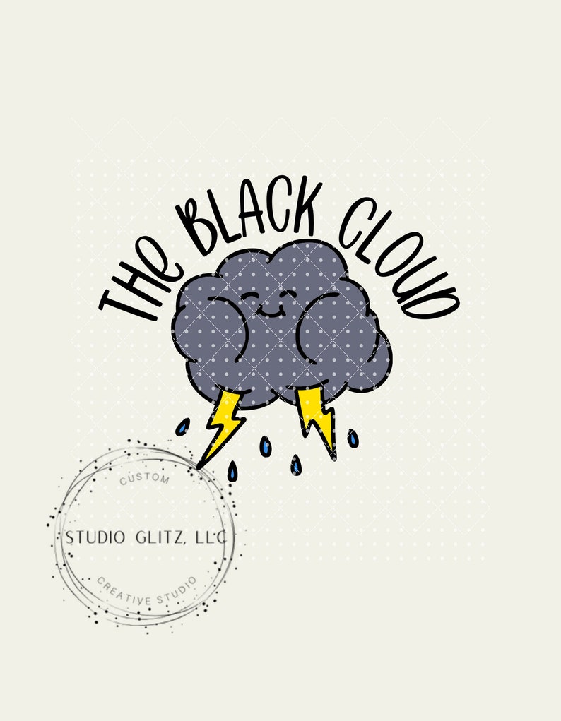 Pode incluir: Uma nuvem preta com um rosto sorridente e raios, que chove gotas azuis. O texto "The Black Cloud" est&aacute; escrito em torno da nuvem. Um carimbo circular com o texto "Custom Creative Studio, LLC" est&aacute; abaixo da nuvem.