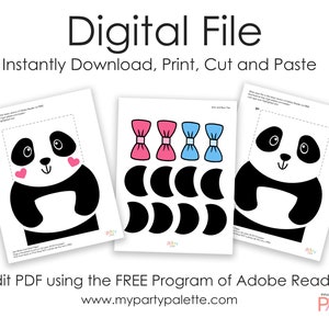 May include: Printable PDF craft activity featuring a black and white panda bear with pink cheeks. The panda is made up of separate pieces to cut out and assemble. The PDF also includes a bow tie and a set of black circles to complete the craft.