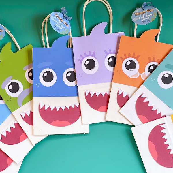 Colorful Shark Family Favor Bags - Candy Bag - Party Favors - Shark Thank You Tags - Baby Shark Inspired - Sharktastic Party - Little Shark