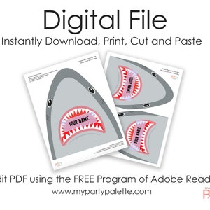 May include: Printable shark head party favor boxes with the text "YOUR NAME" in pink. The boxes are gray with red teeth and a pink mouth.