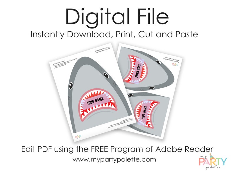May include: Printable shark head party favor boxes with the text "YOUR NAME" in pink. The boxes are gray with red teeth and a pink mouth.