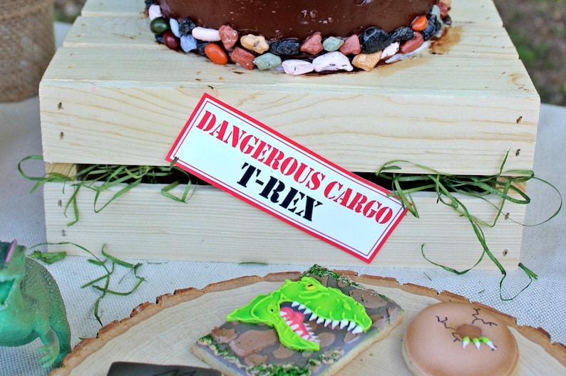 May include: A wooden crate with a sign that reads "Dangerous Cargo T-Rex" and green grass inside. The crate is sitting on a table with a dinosaur cookie and a brown cookie with a dinosaur footprint on it.