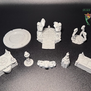 May include: A set of seven white, 3D printed miniature dungeon pieces for tabletop role-playing games. The set includes a circular platform with a pentagram, a raised platform with a pentagram, a small altar with a pentagram, a small altar with a door, a small tower, a small pillar, and a small platform with a pentagram.