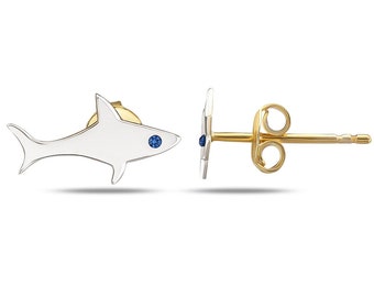 Solid 14K Gold Shark Stud Earrings / Sapphire (can be any stone upon request)/ White, Rose or Yellow Gold/ Handmade Gift