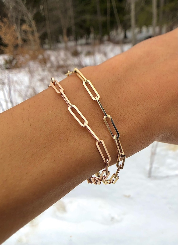 14K Solid Gold Tiny Paper Clip Link Bracelet 14K Gold / 7 Inches