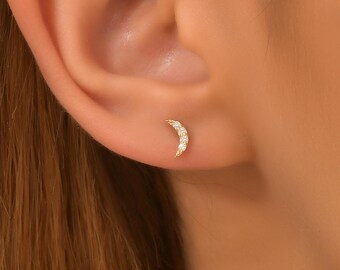 Solid 14K Gold & Diamond Crescent Moon Stud Earrings / 0.07 CTW Natural Diamonds / White, Yellow or Rose Gold // Mom s Handmade Gift