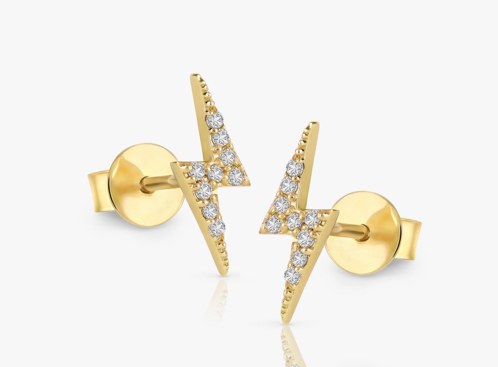 14K Solid Gold Diamond Lightning Bolt Stud Earrings / 0.09 CTW Etsy