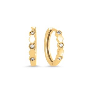 Solid 14K Gold Six Diamond Hexagonal Earrings / 0.10 CTW Natural White Diamonds / White, Yellow, Rose Gold / Handmade Gift